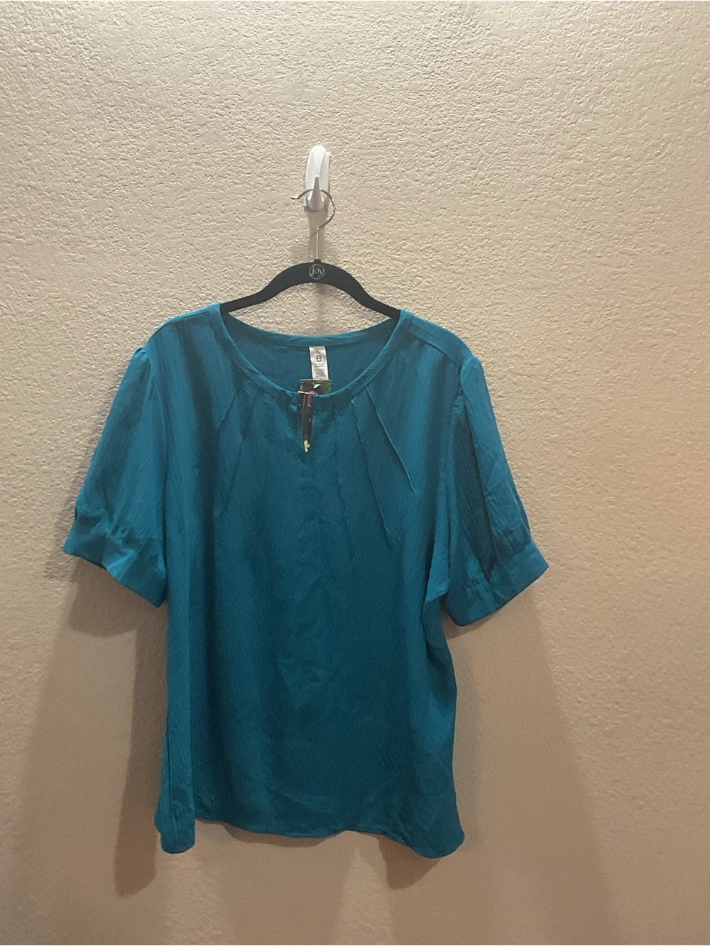 Short-Sleeve Teal Notch-Neck Blouse